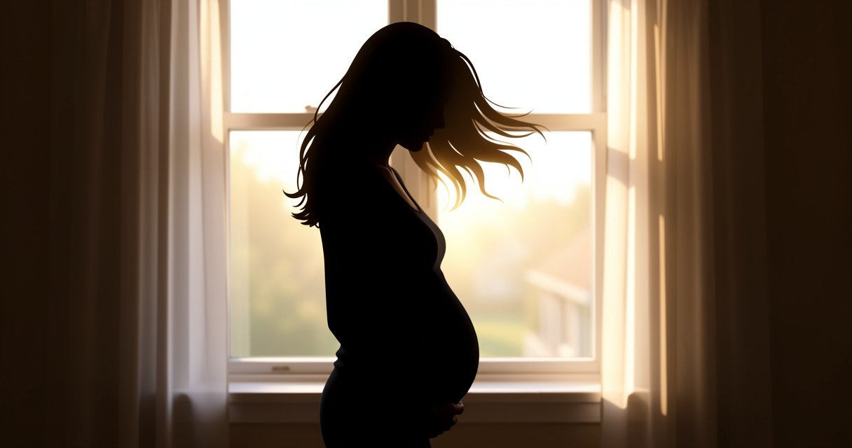 Silhouette de future maman montrant l'arrondi de son ventre de grossesse en contre-jour