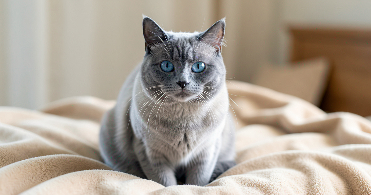 Chat Ragdoll gris aux yeux bleus assis sur une couverture beige